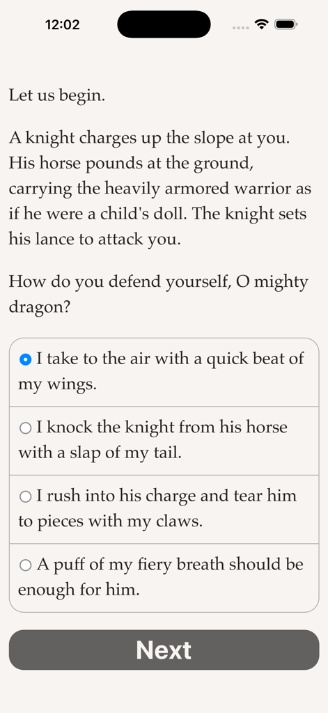 A text-based gameplay screen from Choice of Games where the player chooses how to defend as a dragon against a charging knight.