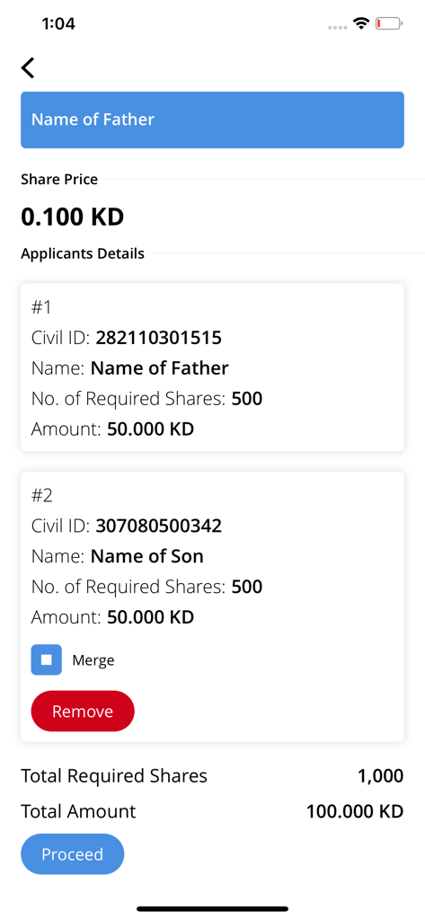 Application summary screen in the IPO Kuwait app showing a list of applicants and total shares
