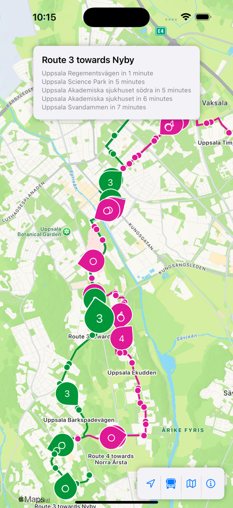 Mapa de seguimiento de autobuses en tiempo real que muestra la ubicación de los vehículos y los tiempos de llegada en Uppsala, Suecia