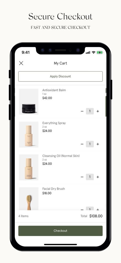 Primally Pure - Tela de checkout seguro no aplicativo Primally Pure mostrando um carrinho de compras com vários produtos naturais para a pele
