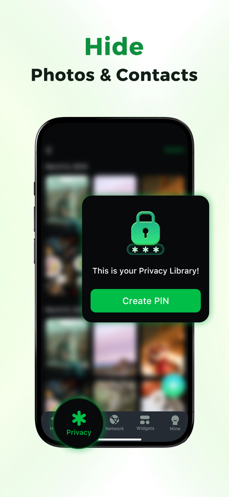 Tela do smartphone mostrando o recurso de biblioteca de privacidade para ocultar fotos e contatos com um PIN seguro.