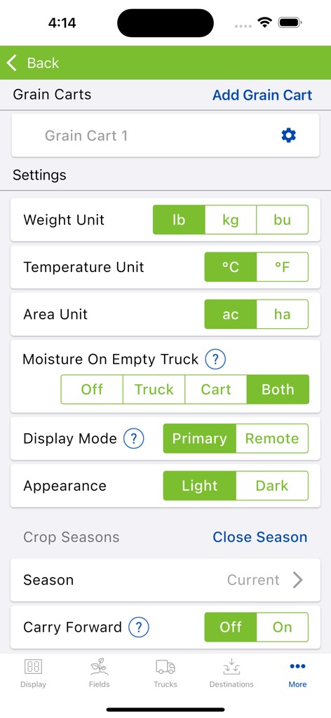 The settings page of the Libra Harvest app for configuring grain cart units and display modes