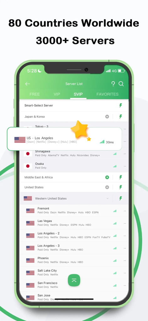 Pantalla de la lista de servidores de PandaVPN mostrando más de 3000 servidores en 80 países con nodos de streaming optimizados en EE. UU.