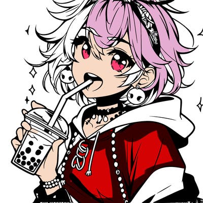 hot baddie anime girl drinking boba and biting the straw