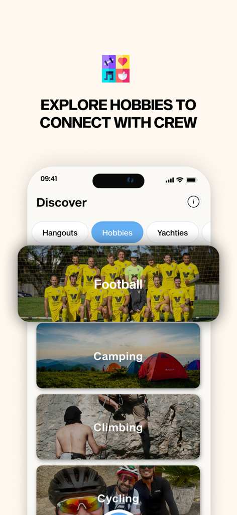 Lost And Found Crew app screen showing a discover feed with various hobby options like football camping and climbing for yacht crew