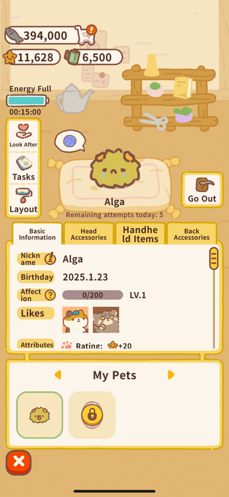 animal restaurant - Uno screenshot del profilo di gestione animali per un personaggio di nome Alga nel gioco Animal Restaurant che mostra statistiche e schede di personalizzazione.