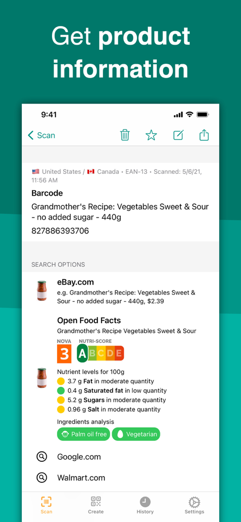 Interfaccia dell'app QRbot che mostra i dettagli del prodotto e le informazioni nutrizionali dopo la scansione di un codice a barre