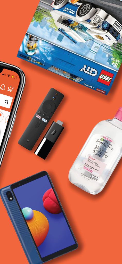 Verschiedene Haushaltsprodukte, darunter Elektronik, Spielzeug und Hautpflege, werden auf orangefarbenem Hintergrund mit der Sompopo Mobile App angezeigt.