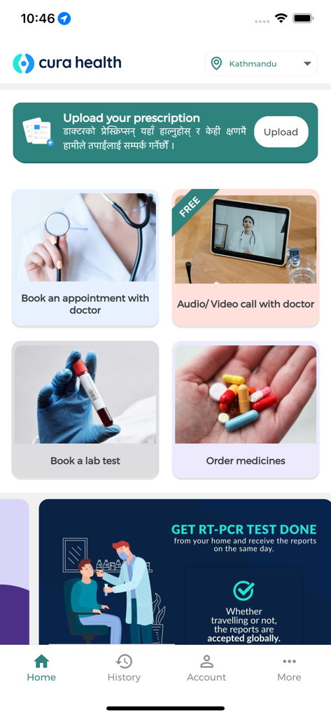 Cura Health mobile app dashboard for booking doctor appointments and telemedicine services
