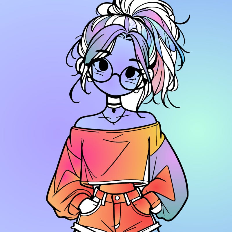 girl with a messy ponytail glasses a baggy crop top and jean shorts