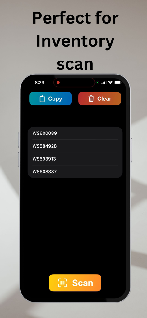 Scan And Paste - Interfaz de la aplicación Scan And Paste que muestra una lista de códigos de inventario escaneados con botones de copiar y borrar.