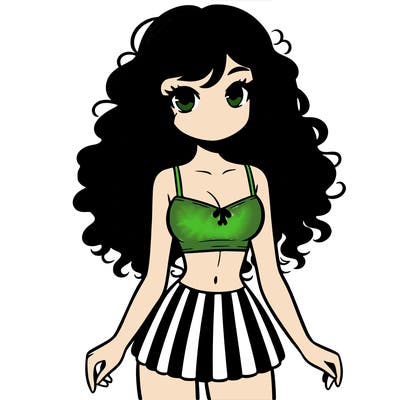 crop top girl with very short skirt and curly long hair