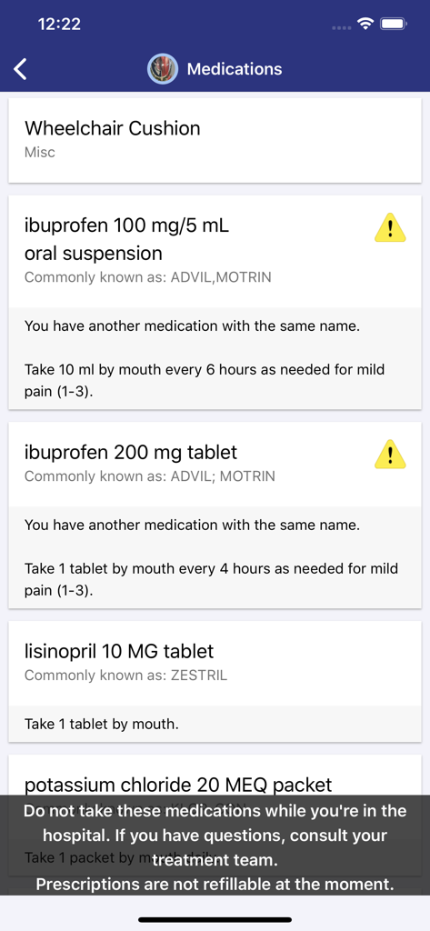 A list of patient medications and dosage instructions in the myPennMedicine app