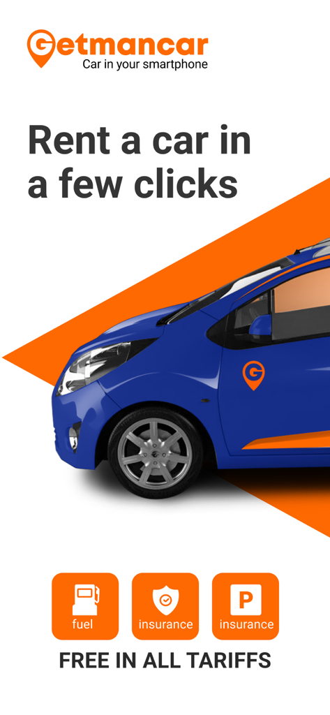 Getmancar app promotional screen featuring a blue car and text about renting in a few clicks with free fuel insurance and parking included