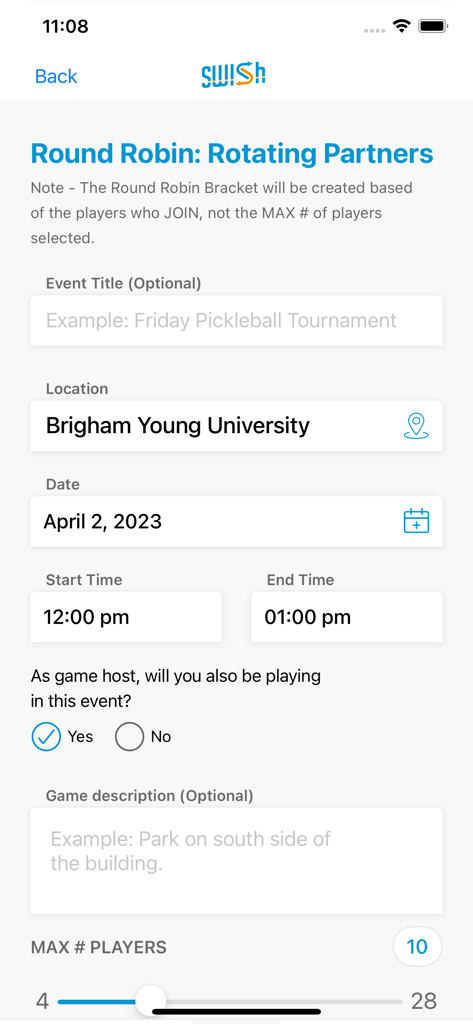 Swish Sports - The Swish Sports app interface for creating a round robin event with details for location, date, time, and player limit.