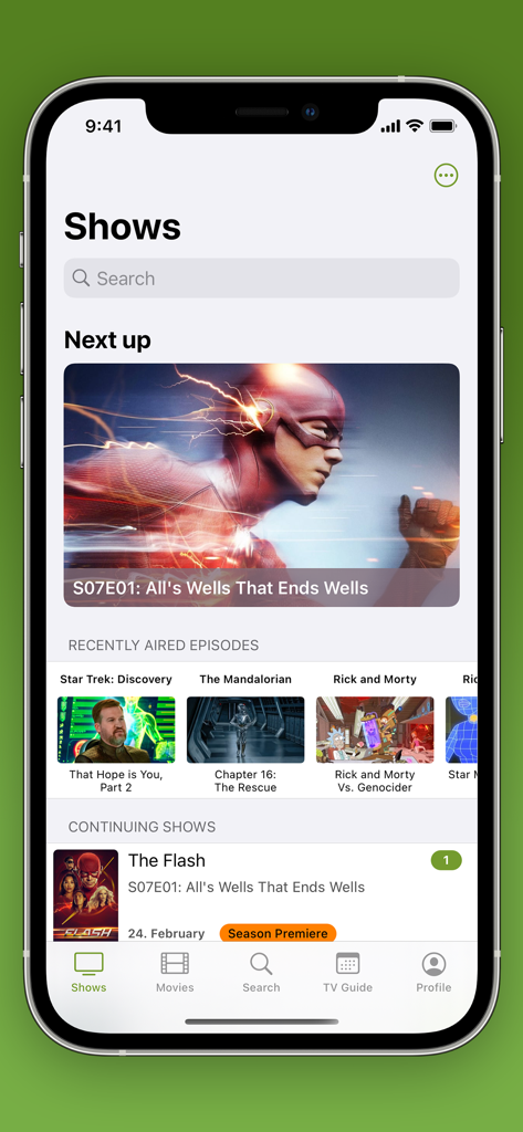 L'interfaccia di The WatchApp 2 mostra la dashboard degli show con i prossimi episodi e i contenuti trasmessi di recente