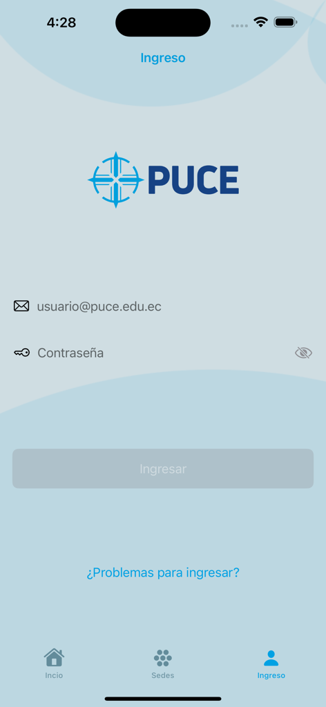 PUCE-App - Login screen for the PUCE-App with email and password fields.