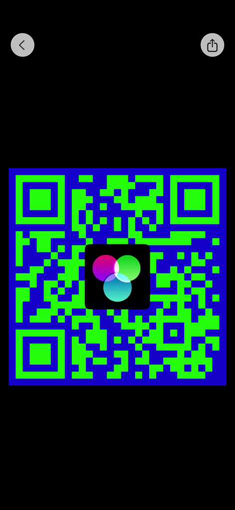 Quicker QR Code Generator - 中央にロゴが付いた、ネオングリーンとブルーのカスタマイズされたQRコードのプレビュー。