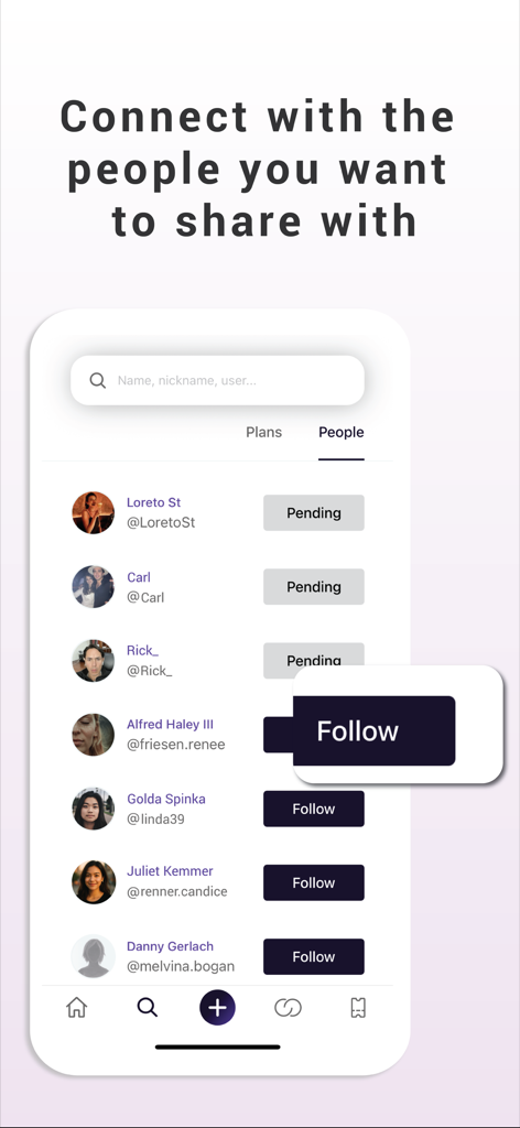 MoodPlans - Interface do aplicativo MoodPlans exibindo uma lista de pessoas sugeridas para seguir e conectar.