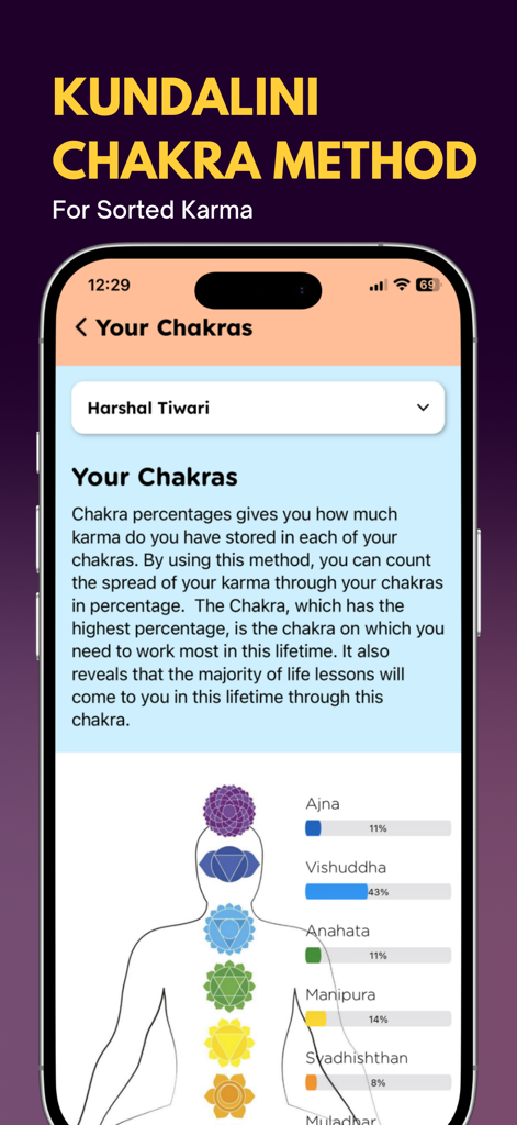 Up Astrology app display of the Kundalini Chakra Method showing karma percentages for individual chakras.