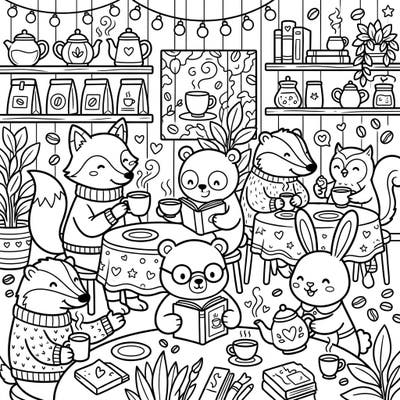 Enter a heartwarming cafe where forest friends gather for coffee and tea. This delightful coloring template brings charming animals and cozy details to life, perfect for a relaxing creative escape.
