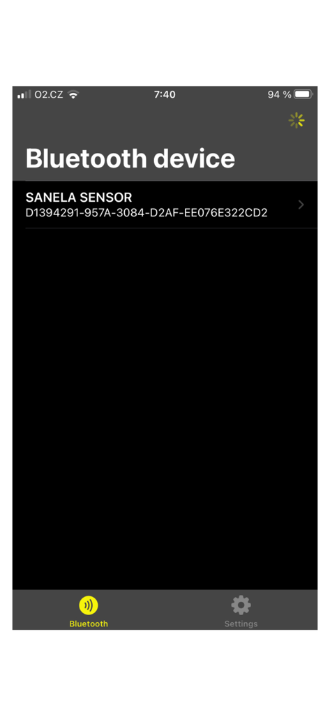 SANELA Control - Interfaz de la aplicación SANELA Control que muestra una lista de sensores Bluetooth detectados durante un escaneo de dispositivos