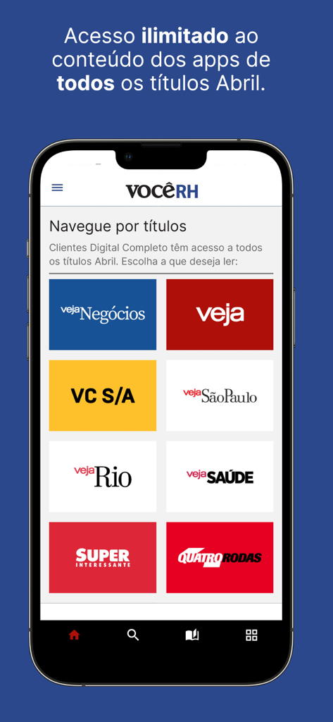 VOCÊ RH - Tela do aplicativo Voce RH mostrando uma grade de vários títulos de revistas brasileiras disponíveis para acesso ilimitado