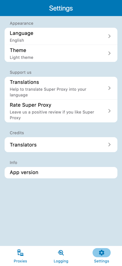 The settings screen of the Super Proxy app displaying appearance support and version options