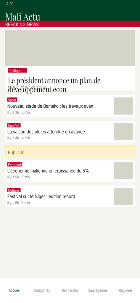 MaliActu.net - MaliActu mobile app interface showing news categories and headlines about Mali