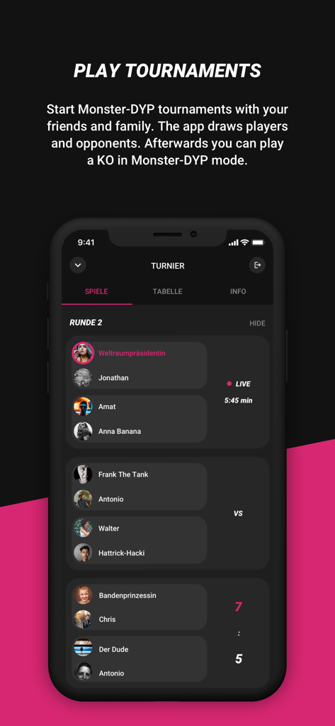 Let's Foos - Mobile app interface showing a live foosball tournament with player rankings and match scores