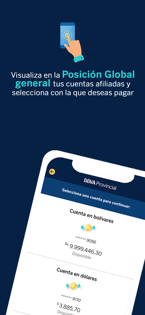 BBVA Provincial Dinero Rapido app screen for selecting Bolivares or Dollar accounts