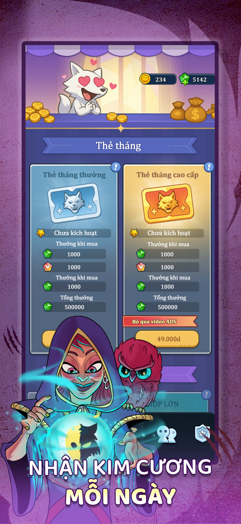 Werewolf Online - Full Moon - Screenshot of the monthly rewards shop in Werewolf Online featuring premium cards and character art.