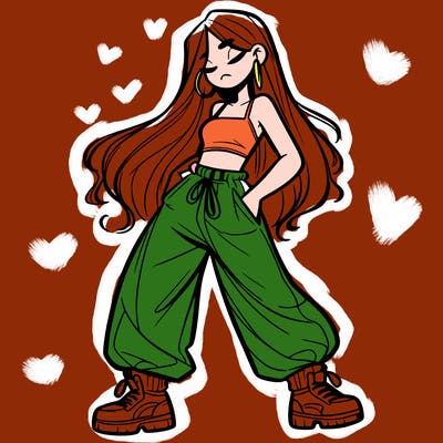 girl in baggy pants crop top and long hair