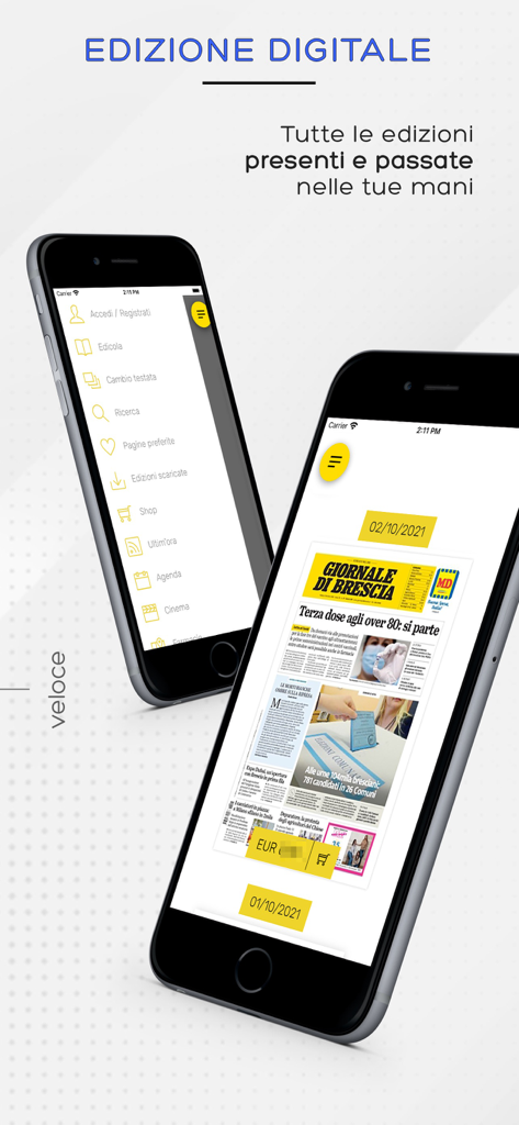 GDB replica - Interfaccia dell'app GDB replica che mostra l'edizione digitale del Giornale di Brescia su due smartphone