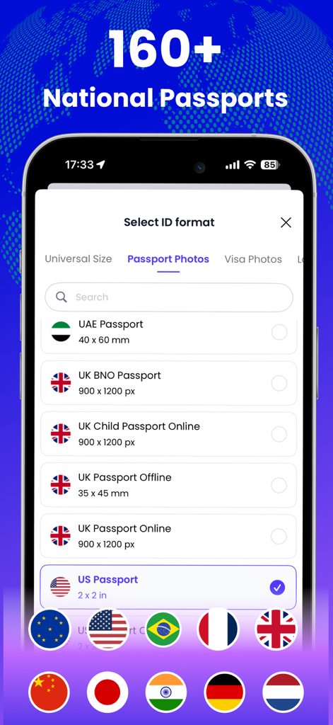 A mobile interface for choosing passport photo formats from over 160 nations including the US and UK