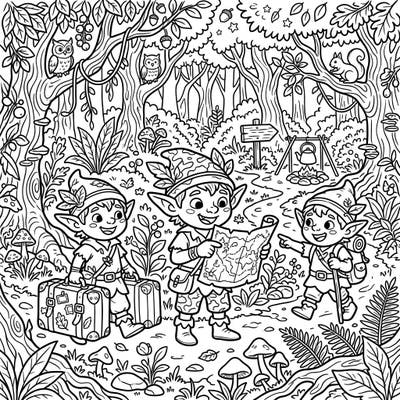 Embark on a delightful journey with three adventurous Forest Goblins as they explore a lush forest on their much-anticipated vacation. This charming coloring page is packed with intricate details, promising hours of creative fun for all ages.
