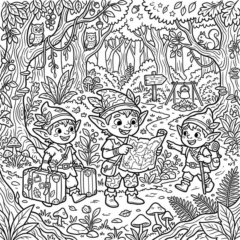 Embark on a delightful journey with three adventurous Forest Goblins as they explore a lush forest on their much-anticipated vacation. This charming coloring page is packed with intricate details, promising hours of creative fun for all ages.