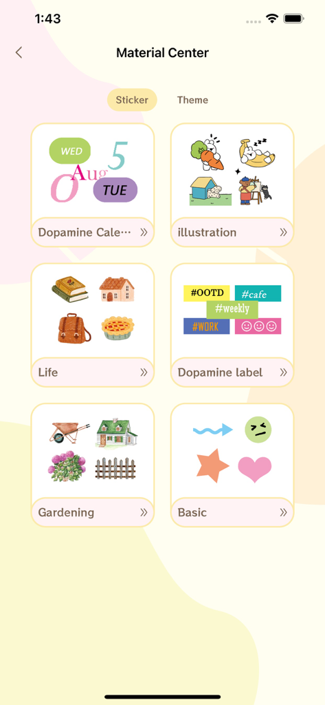 Cute notes - Daily Planner - Material Center in Cute notes app showing various aesthetic sticker packs for digital journaling.