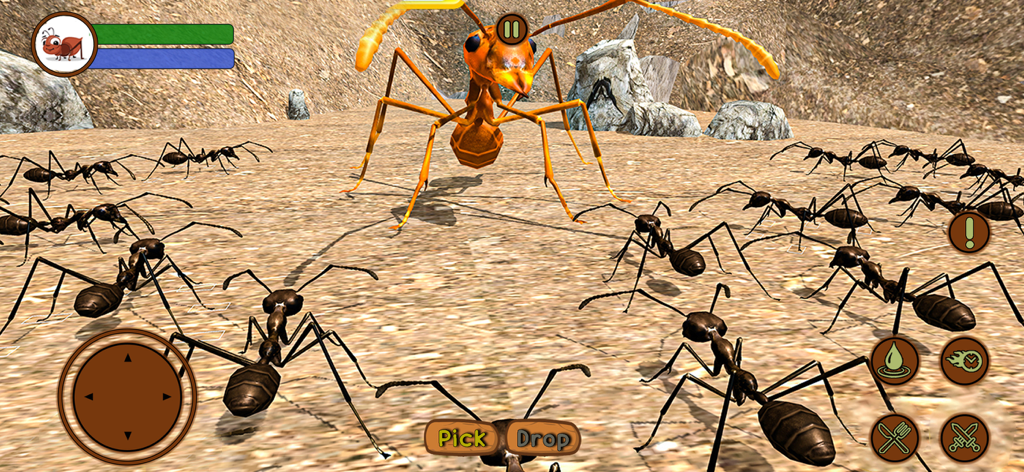 Ant Insect Life Survival War - Eine Gruppe von Ameisen in einem 3D-Überlebenssimulator-Spiel mit mobiler Benutzeroberfläche