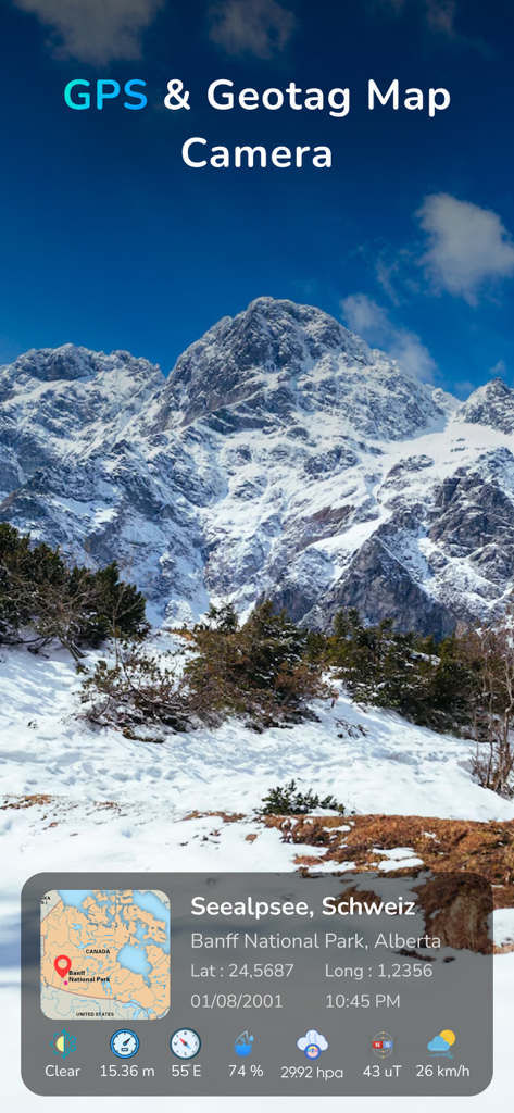 MapStamp - GPS Map Camera - GPS Map Camera screenshot showing a mountain landscape with a detailed geotag and timestamp watermark overlay