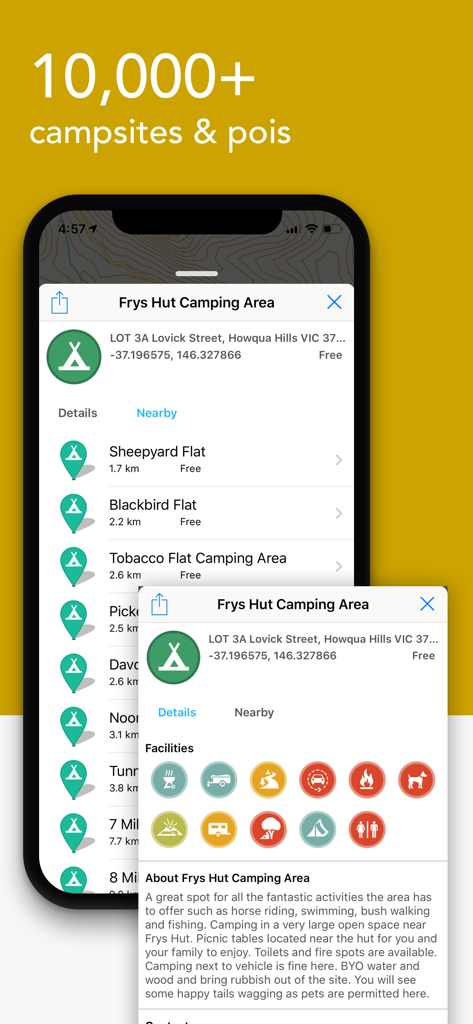 Billy Goat Offroad - Billy Goat Offroad app showing a database of over 10000 campsites and points of interest with detailed facility icons and nearby locations
