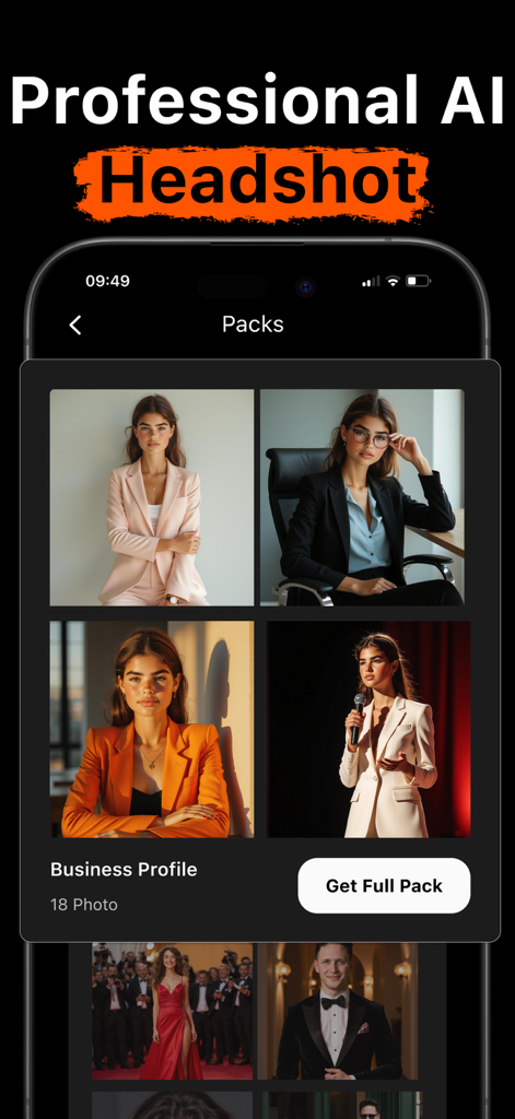 AI Face Swap - AIフェイススワップアプリのインターフェース。LinkedInやキャリアブランディング向けのプロフェッショナルビジネス顔写真テンプレートが表示されている。
