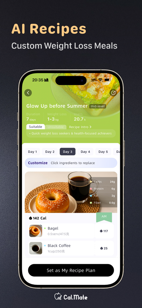 Calorie Tracker-CalorieMate - CalorieMate app interface showing custom AI weight loss meal plans with macro nutrition tracking