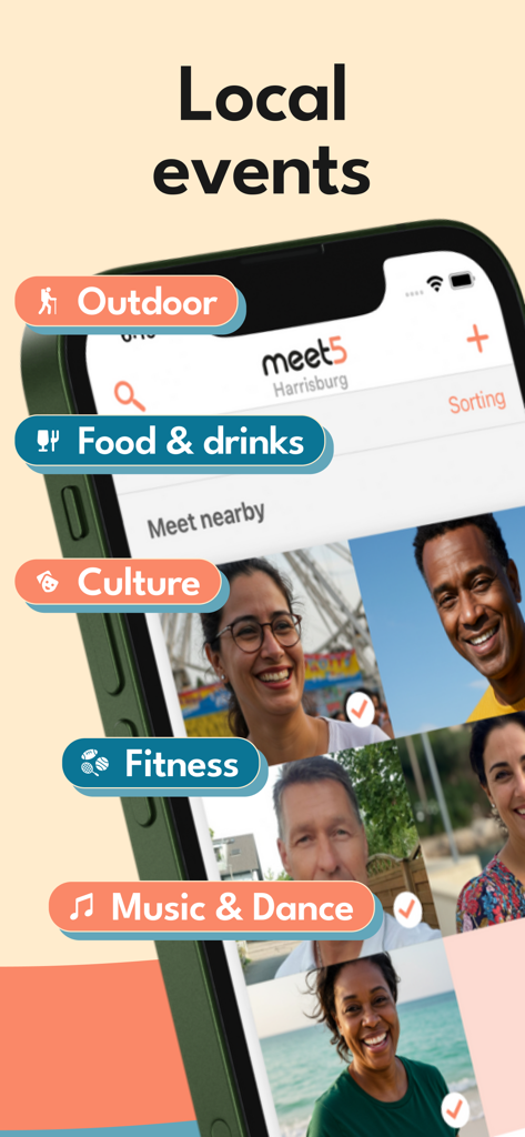 Meet5 app screen showing local events and activity categories like outdoor and fitness