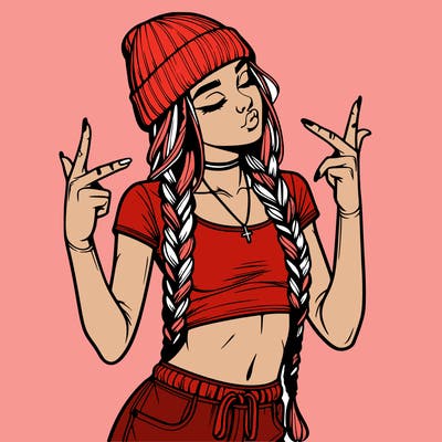realistic teenage girl with braids and a beanie and crop top doing 🫶🏼