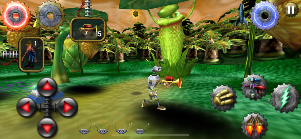 Otto Matic the robot explores a 3D alien landscape while holding a ray gun.