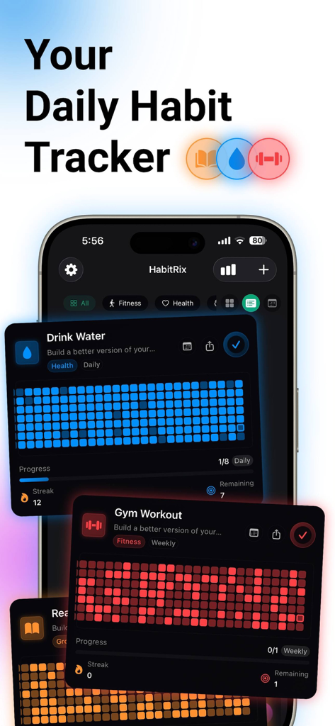Interfaz de la aplicación móvil HabitRix que muestra mapas de calor de progreso y rachas para hábitos diarios como beber agua y rutinas de gimnasio.
