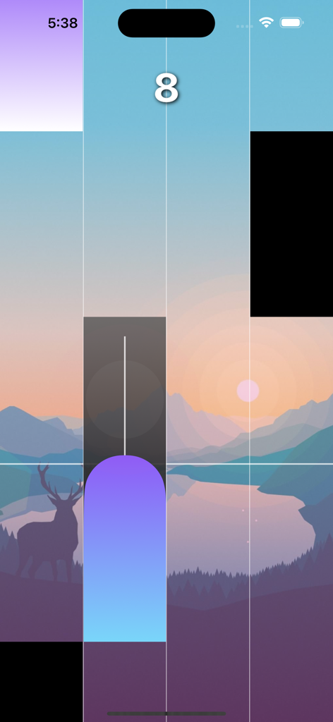 Music Tiles 9 - Gameplay di Music Tiles 9 con tessere che cadono su uno sfondo panoramico di tramonto montano con silhouette di cervo