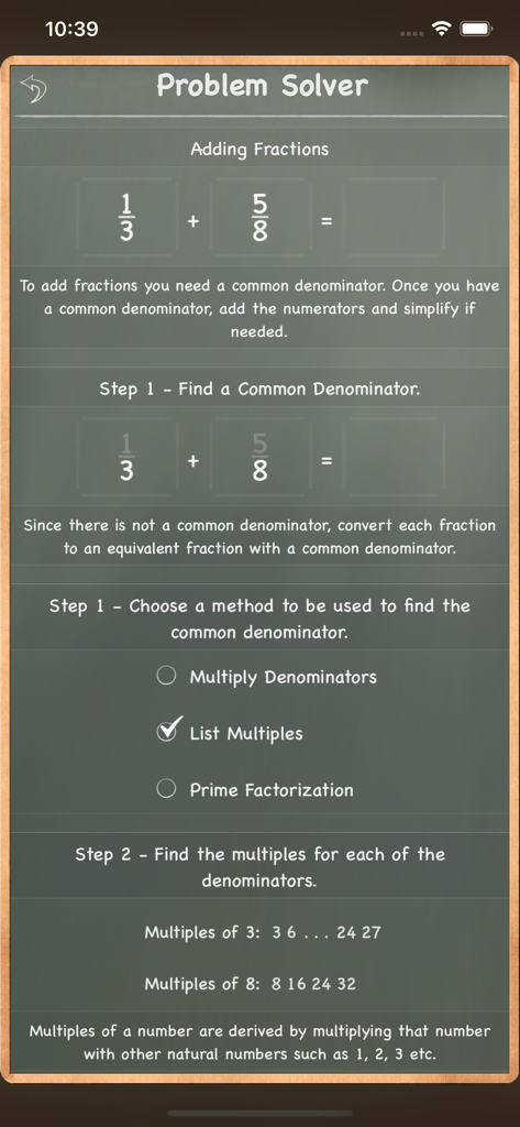 MathBoard Fractions screen showing step by step instructions for adding fractions with different denominators using a chalkboard interface.