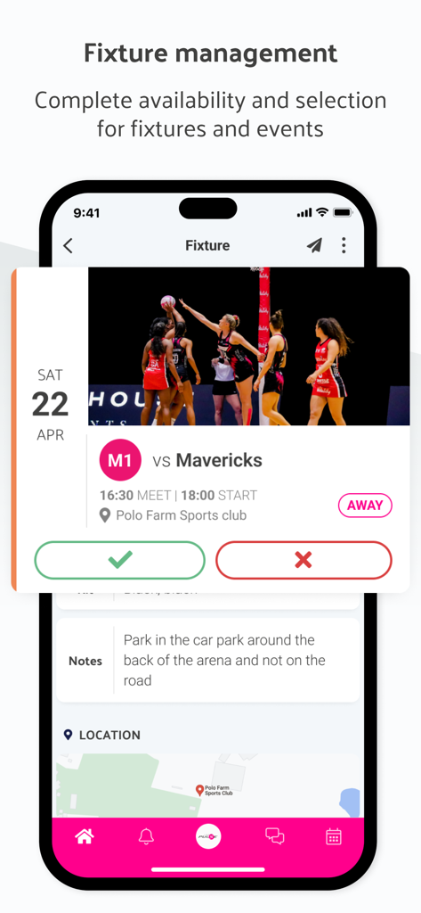 Écran de l'application mobile Teamo affichant les détails de la gestion des rencontres avec des boutons de disponibilité des joueurs